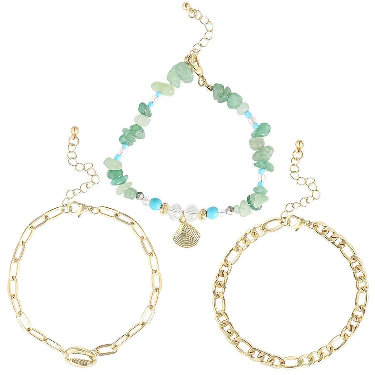 Jessica Simpson Figaro Chain Cowrie & Green Beaded Anklet Set