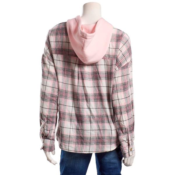 Juniors No Comment Hooded Oversized Plaid Flannel Shirt- Pink