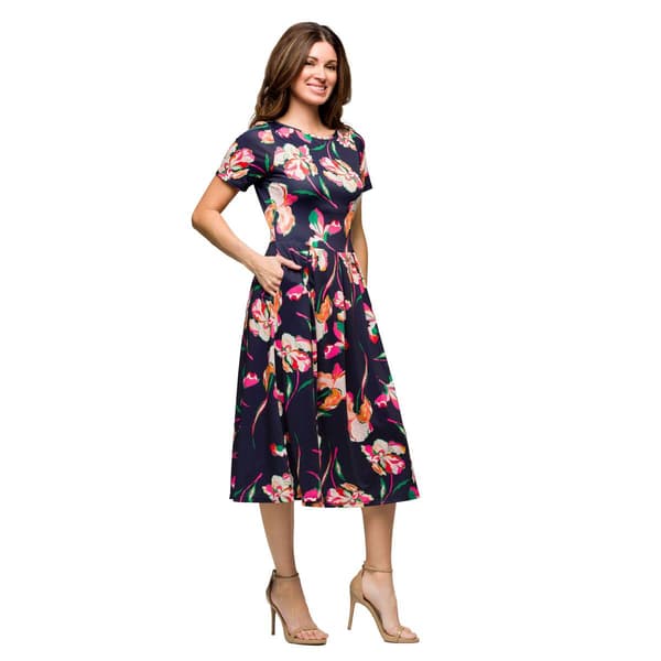 Womens 24/7 Comfort Apparel Navy Floral Pleated Flare Midi Dress