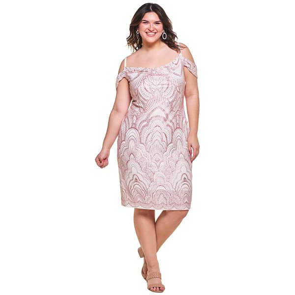 Juniors Plus Jump Off The Shoulder Glitter Medallion Midi Dress - image 