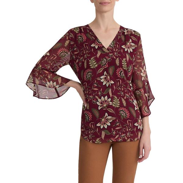 Womens Jones New York Long Flutter Sleeve Y Neck Floral Blouse W - image 