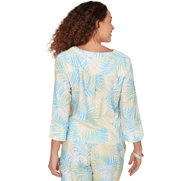 Petite Hearts of Palm Aqua Fresh 3/4 Sleeve Tropical Blouse