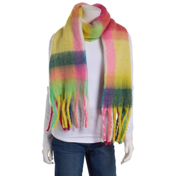 Womens Renshun Striped Plaid Scarf with Noodle Fringes