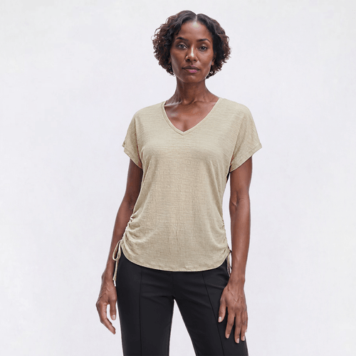 Petite Ninety Clothing Short Sleeve V-Neck Side Ruched Tee