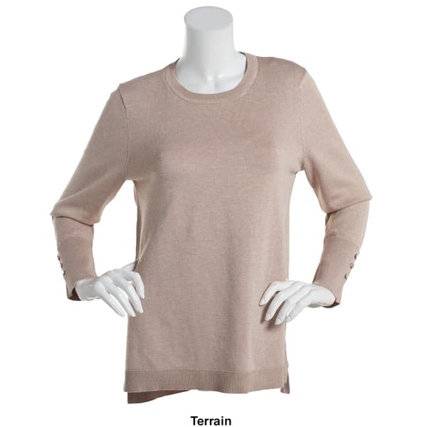 Womens Retrology Crew Neck Button Sleeve Side Slit Sweater