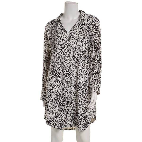 Plus Size Nine West Long Sleeve Leopard Notch Collar Nightshirt