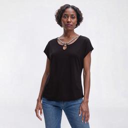 Womens Love Scarlet Short Sleeve O-Ring Keyhole Neck Blouse