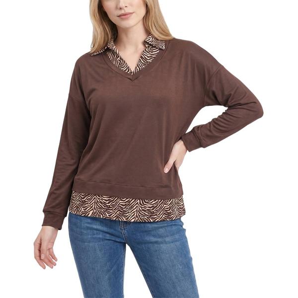 Womens NY Collection Long Sleeve Solid Hacchi 2Fer W/ Animal Pri - image 