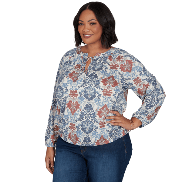 Plus Size Skye’s the Limit Urban Heirloom Tie Neck Damask Blouse
