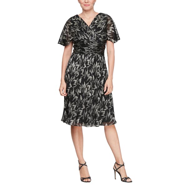 Womens SLNY Short Sleeve Foil Ruched Waist Midi - image 