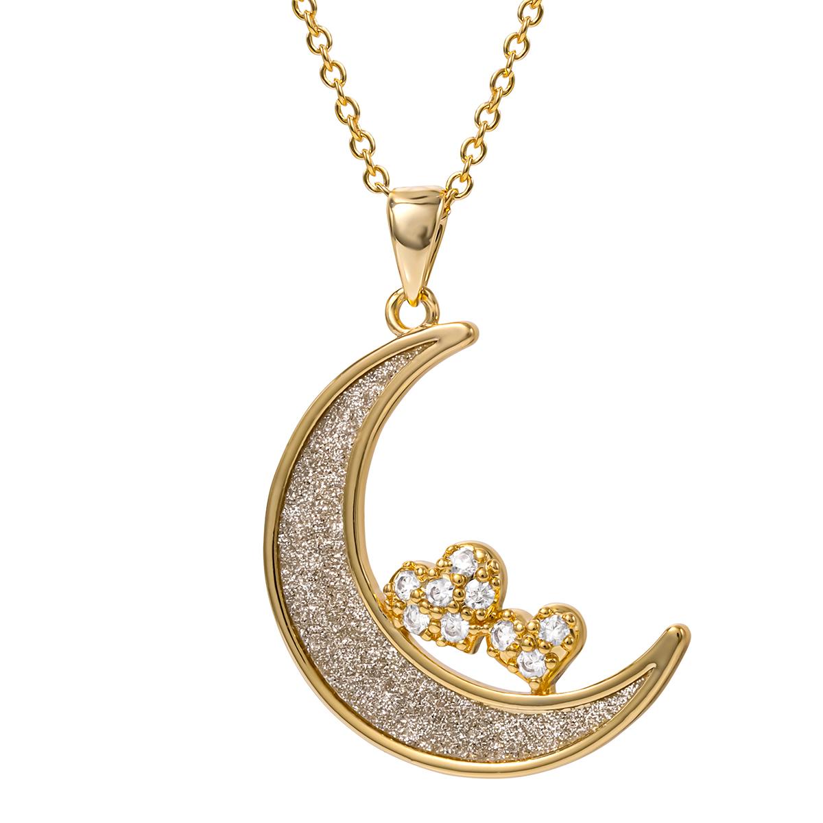 Brass Yellow Gold Plated Glitter Moon Pendant Necklace