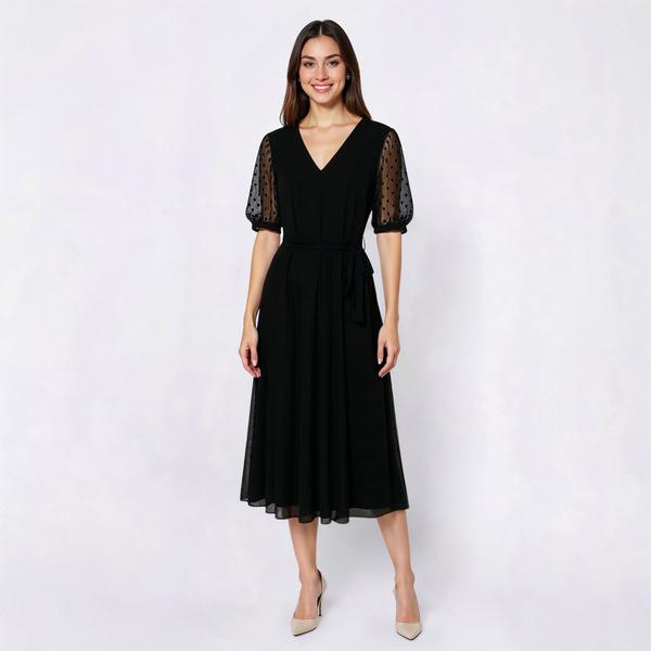 Womens MSK Short Semi Sheer Dot Sleeve V Neck A-Line Dress