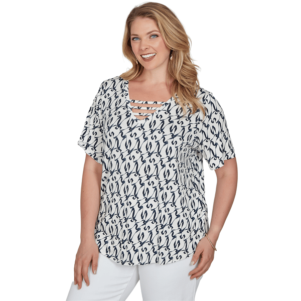 Plus Size Emaline Key Items Short Sleeve Abstract V Neck Blouse