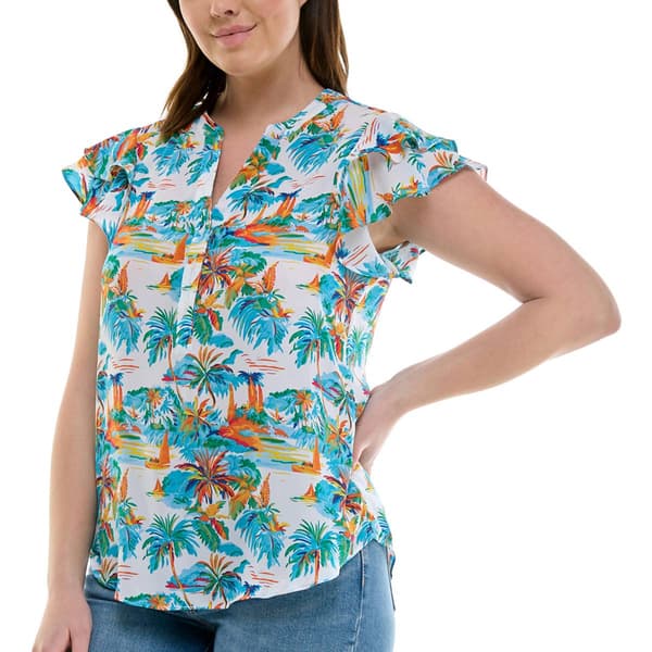 Womens Zac & Rachel Flutter Sleeve Beach Scenic Crepe Blouse