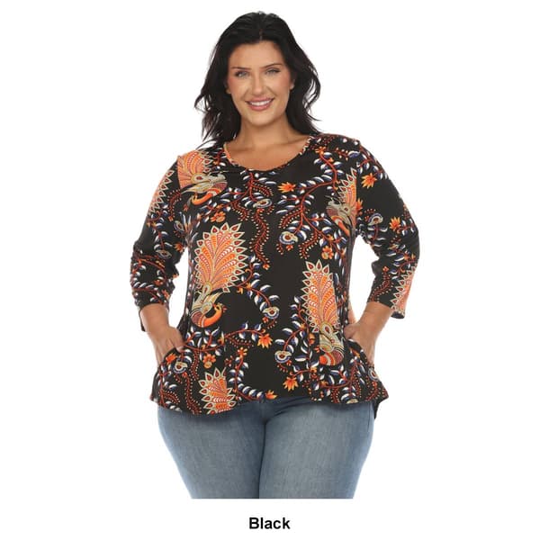 Plus Size White Mark 3/4 Sleeve Paisley Peacock Top
