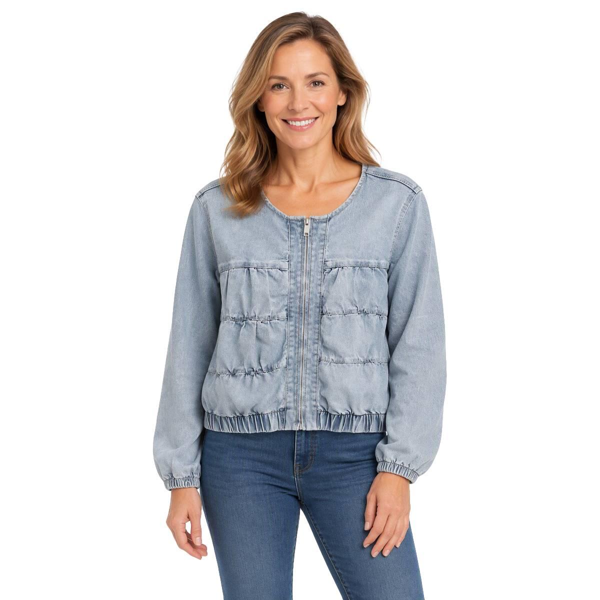 Womens Baccini Long Sleeve Denim Pleated Collarless Jacket