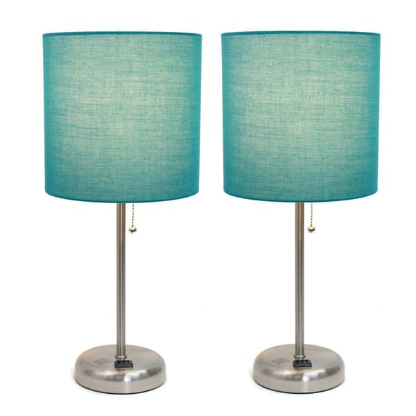 LimeLights Brush Steel Lamp w/Charging Outlet/Teal Shade-Set of 2