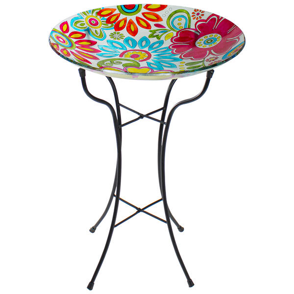 Northlight Seasonal 18in. Flowers Hand Painted Glass Bird Bath - image 
