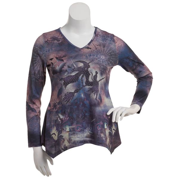 Womens OneWorld Haunting Hour Hacci V-Neck Shark Bite Hem Tee