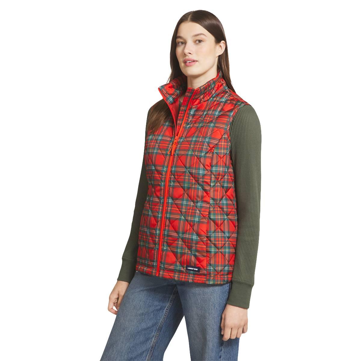 Womens LANDS’ END® Tartan Plaid Mock Neck Zip-Up Puffer Vest