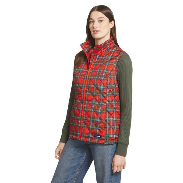 Womens LANDS’ END® Tartan Plaid Mock Neck Zip-Up Puffer Vest