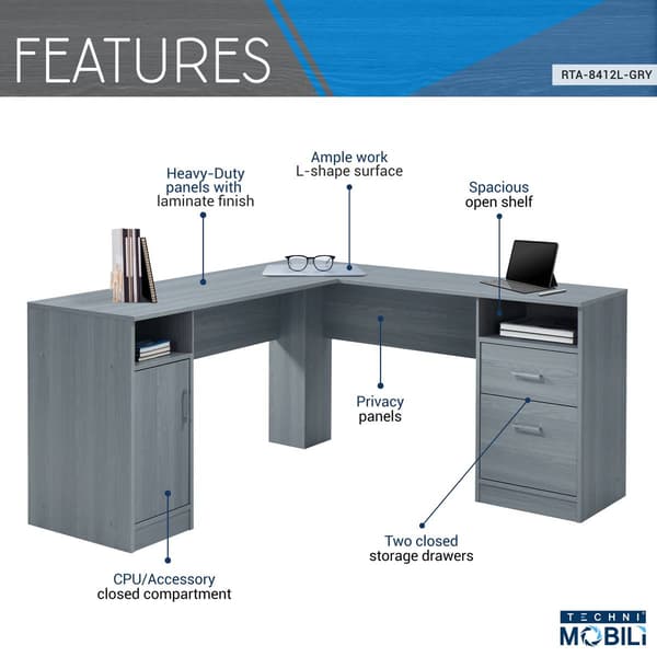 Techni Mobili 59"W Functional L-Shape Desk w/ Storage