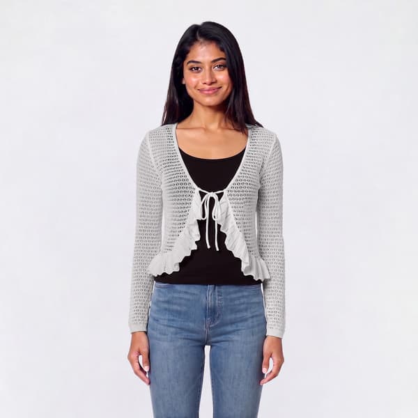 Juniors A.Byer Tie Front Ruffle Hem Open Stitch Cardigan - image 