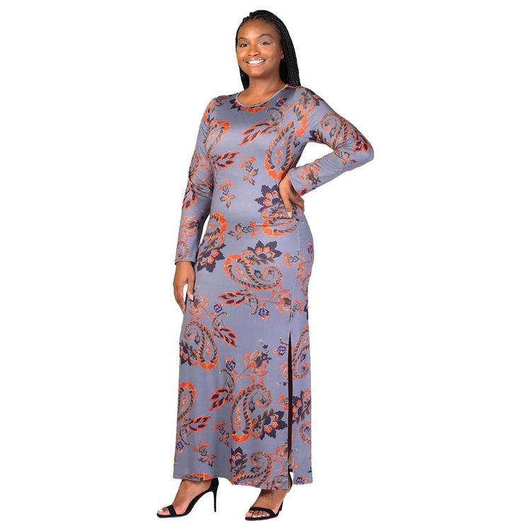 Plus Size 24/7 Comfort Apparel Grey Side Slit Fitted Maxi Dress