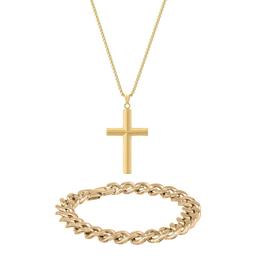 Mens Lynx Gold-Tone Curb Chain Cross Pendant & Bracelet Set