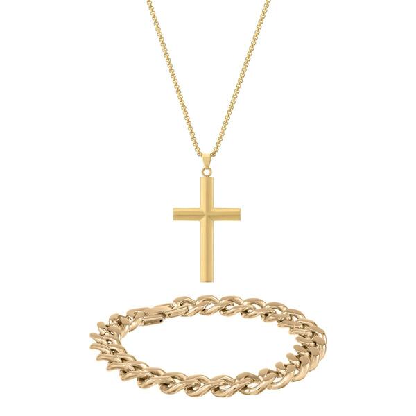 Mens Lynx Gold-Tone Curb Chain Cross Pendant & Bracelet Set - image 