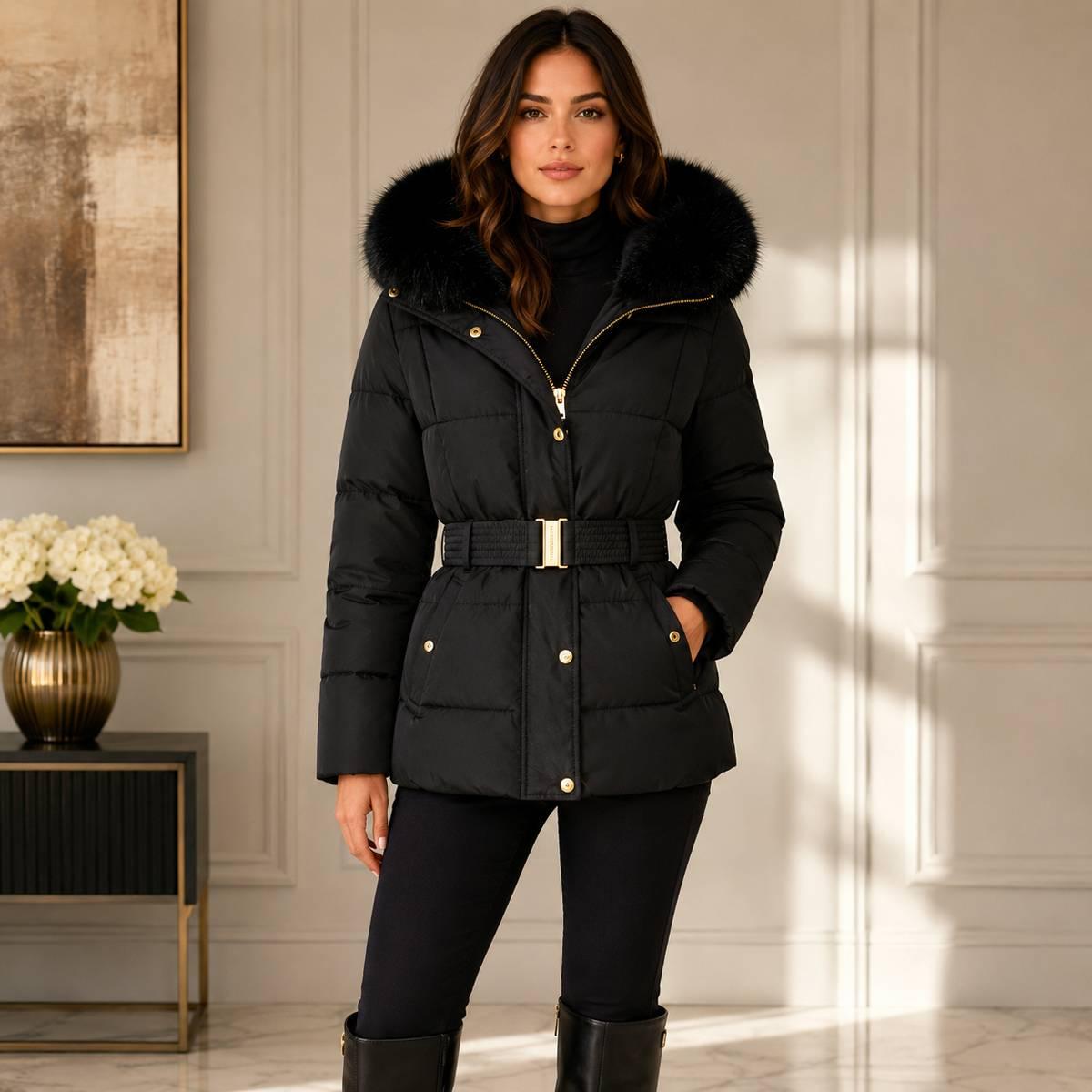 Womens Badgley Mischka Olivia Belted Faux Fur Collar Puffer Coat