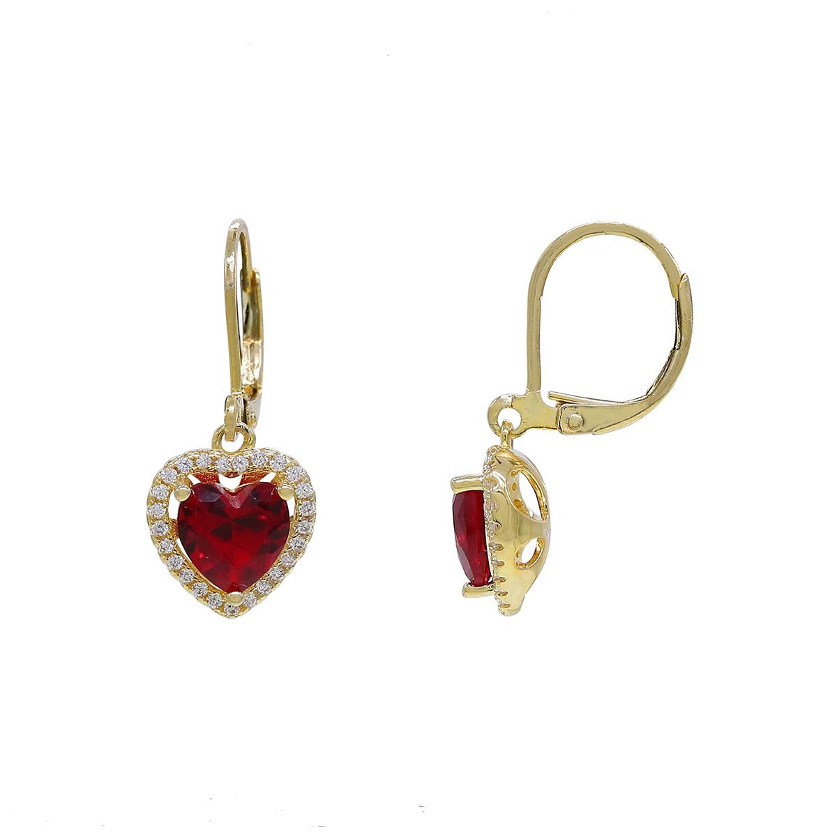 Gold Plated Ruby CZ Heart Lever Back Drop Earrings