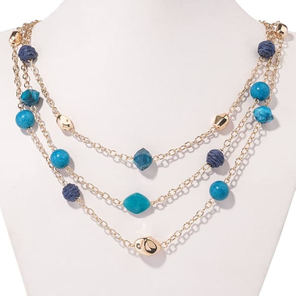 Ashley Cooper&#40;tm&#41; 3 Row Shiny Gold and Blue Multi Bead Necklace - image 