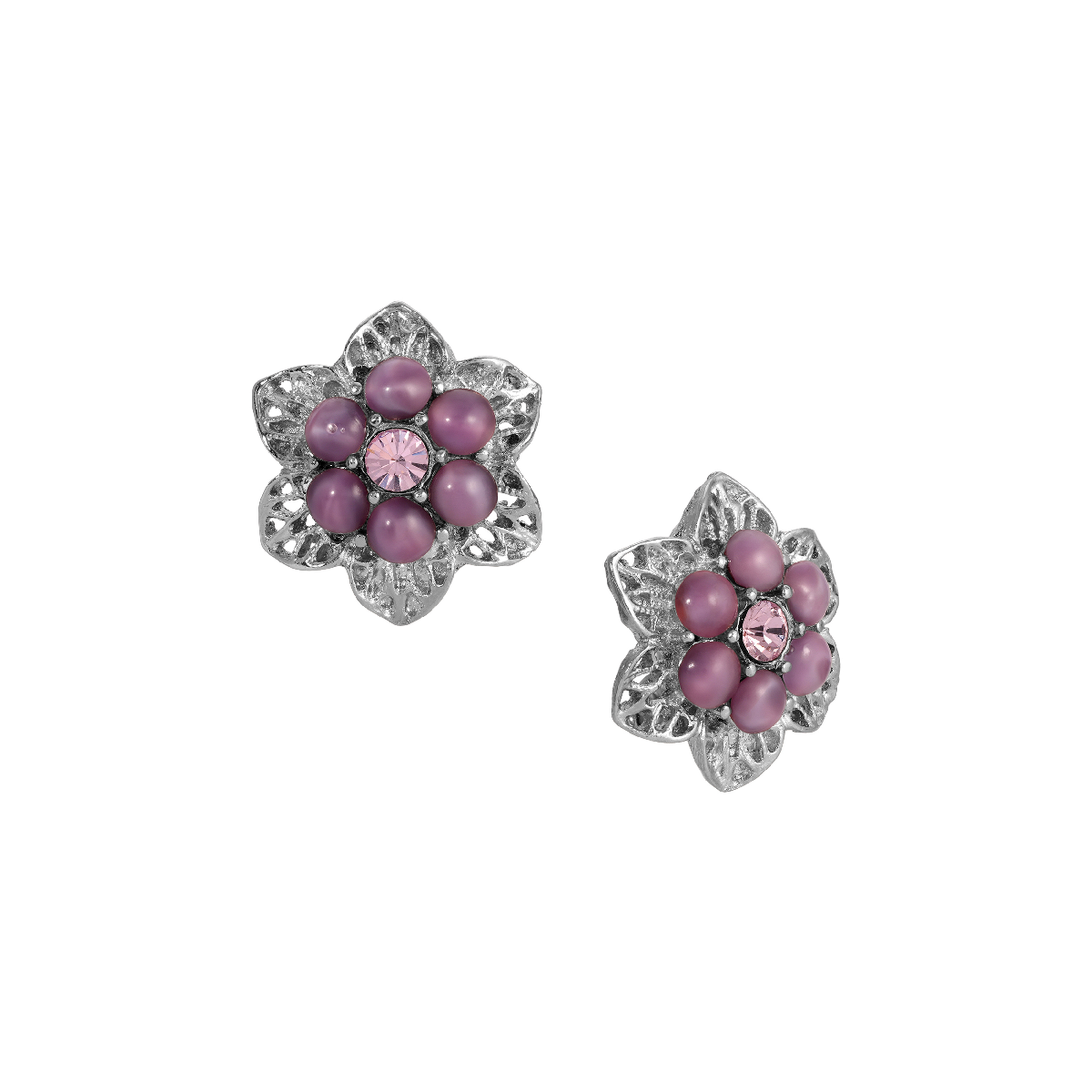 1928 Silver-Tone Purple Flower Button Earrings