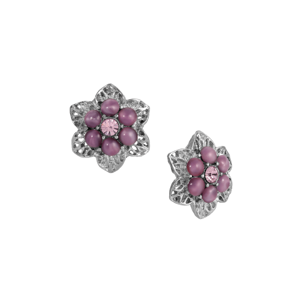 1928 Silver-Tone Purple Flower Button Earrings - image 