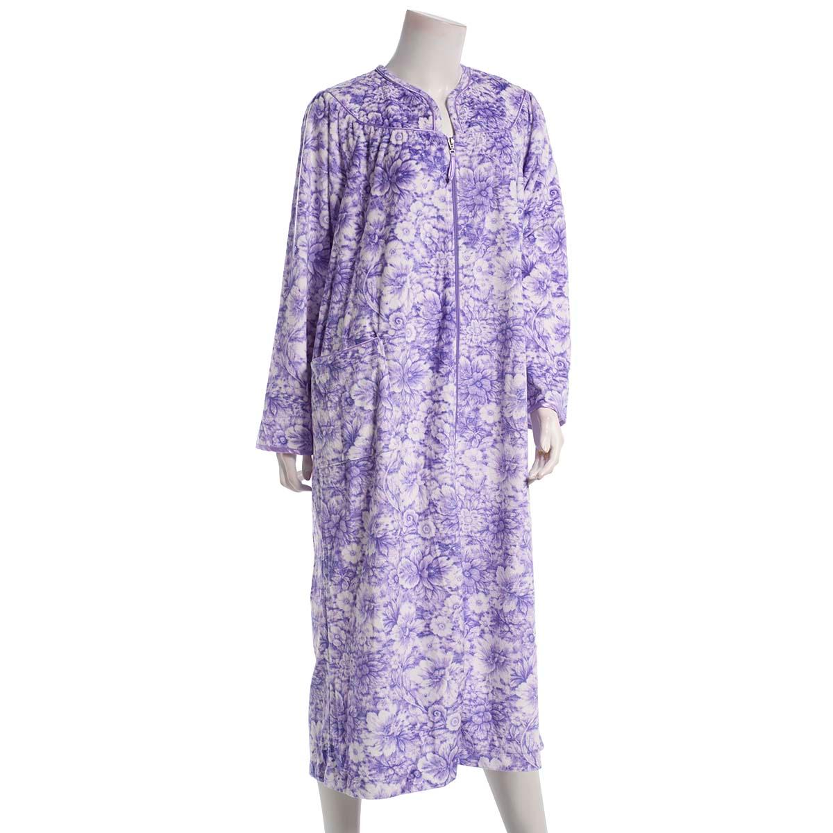 Womens Loungees Long Sleeve Fleece Floral Zip Front Duster