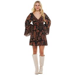 Juniors Angie Long Sleeve Floral Surplice Mini A-Line Dress