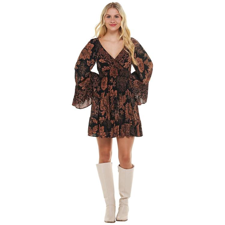 Juniors Angie Long Sleeve Floral Surplice Mini A-Line Dress