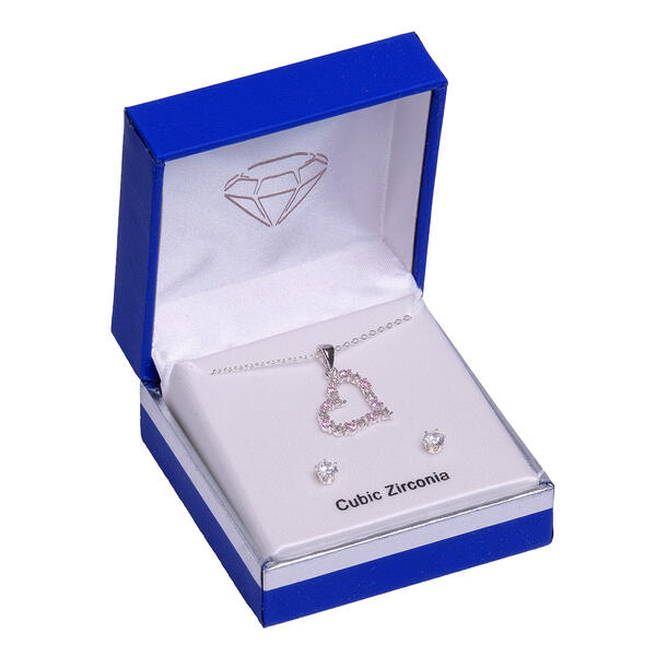 Silver-Tone CZ Pink Open Heart Pendant & Earrings Set - image 