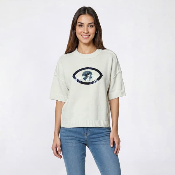 Womens Rio & Rian Drop Shoulder Sequin Evil Eye Sweater - image 