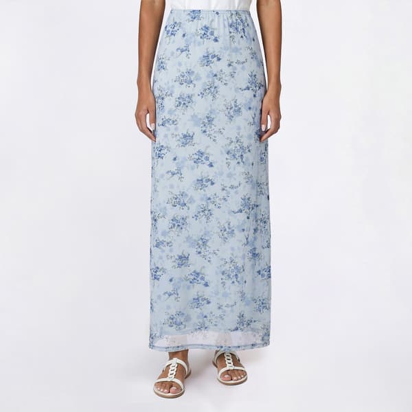Juniors Pink Rose Print Mesh Rosette Midi Skirt - image 
