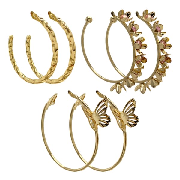 Ashley 3pr. Gold-Tone Butterfly & Flower Hoop EarringsSet - image 