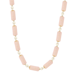 1928 Semi-Precious Rose Quartz Tube & Faux Pearl Bead Necklace