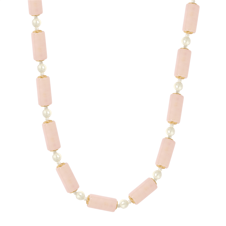 1928 Semi-Precious Rose Quartz Tube & Faux Pearl Bead Necklace