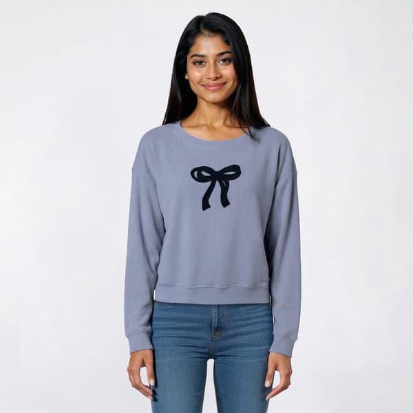 Juniors No Comment Ribbed Chenille Bow Applique Sweatshirt - image 