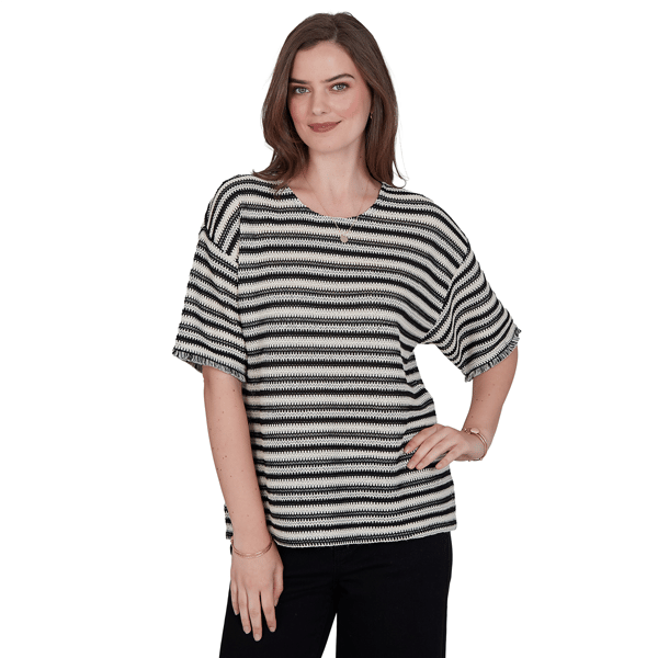 Womens Ruby Rd. Tropical Noir Texture Stripe Fringe Sleeve Blouse