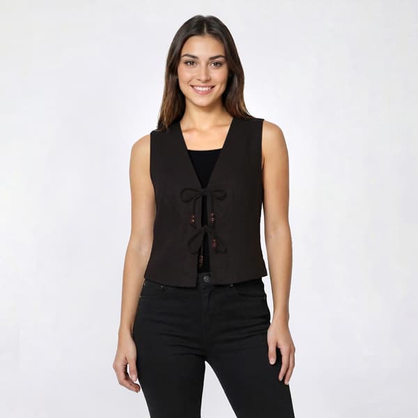 Juniors Love Tree Linen Bead Tie Front Vest