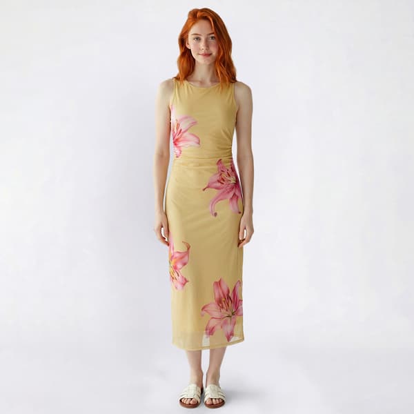 Juniors No Comment Placement Floral Mesh Side Ruch Midi Dress - image 