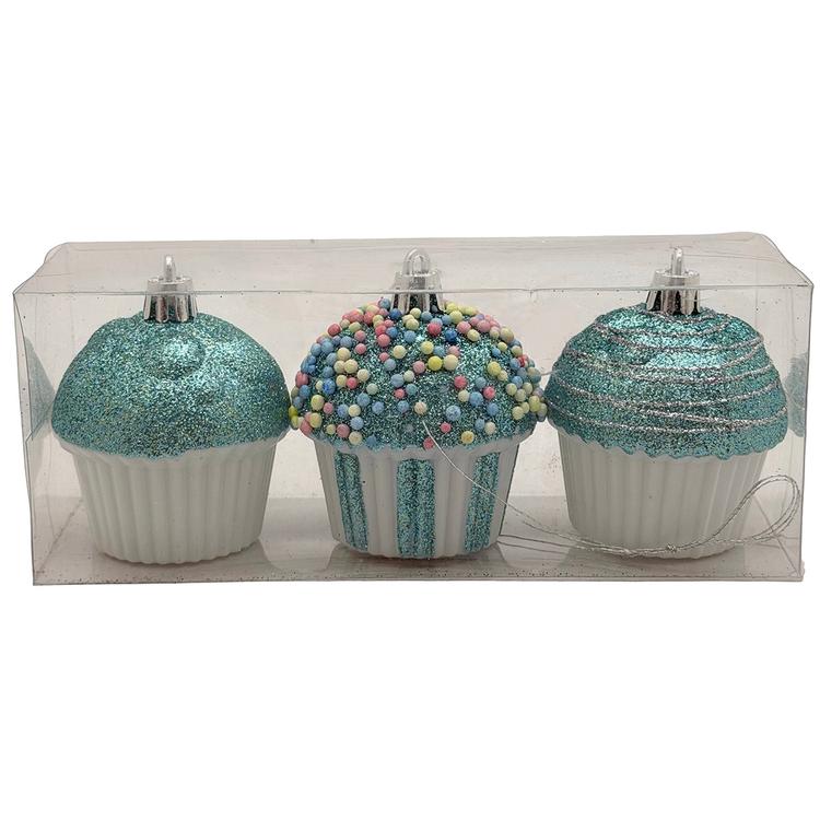 Shatterproof Blue Cupcake Ornaments - Set of 3