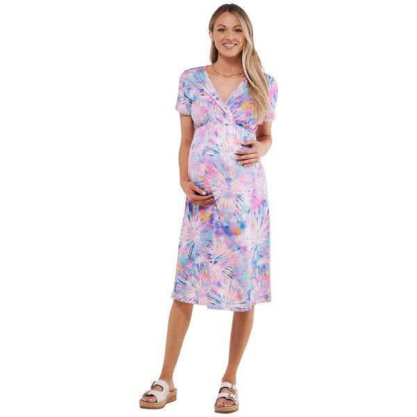 Womens Due Time Short Sleeve V-Neck Midi Maternity Dress -Tie Dye - image 